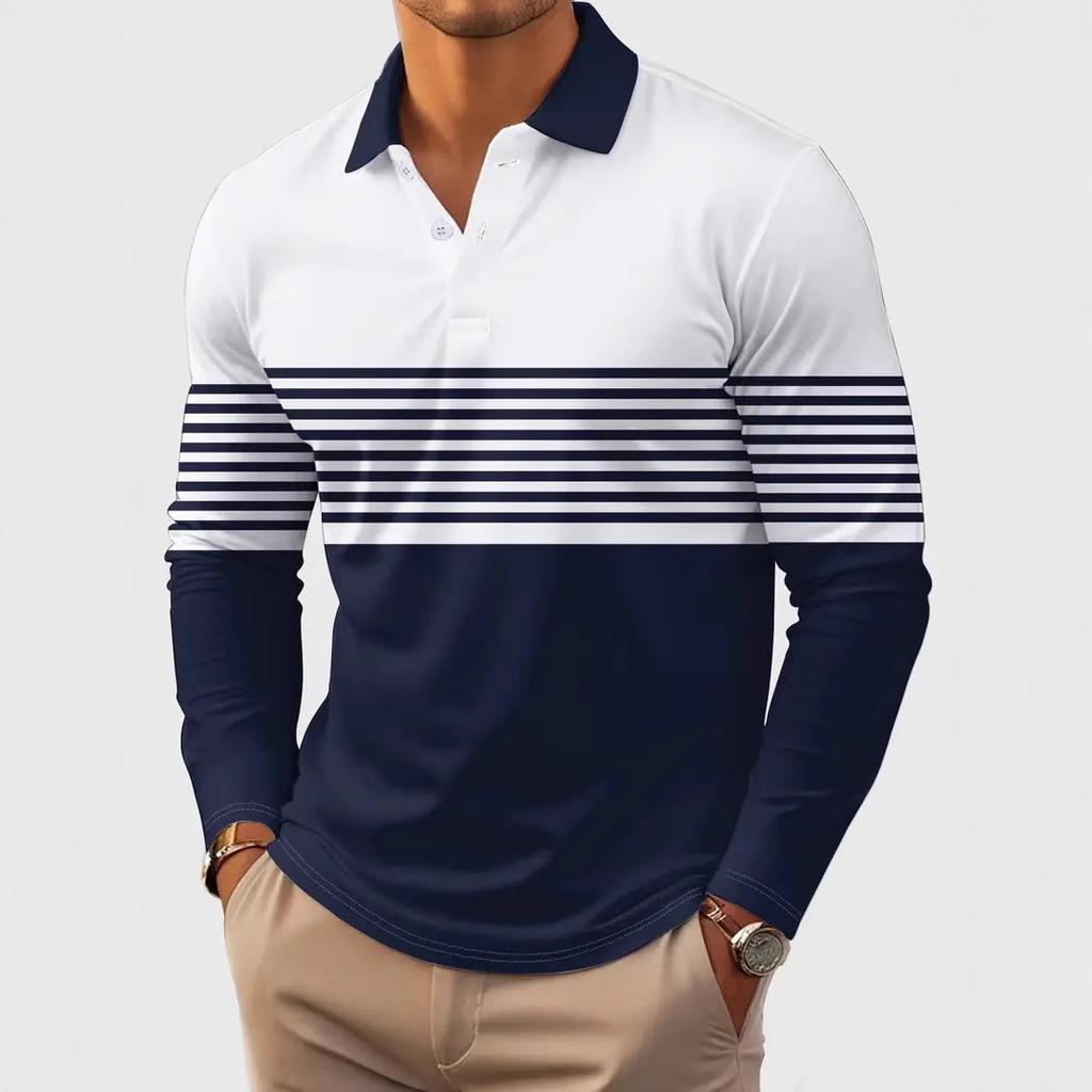 Men's Long Sleeve Striped Polo Shirt, Casual Comfortable Daily Wear