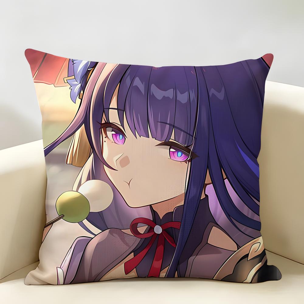 Raiden Shogun Genshin Impact Cushion Cover Natural Linen Organic Fabric DoubleSided Printing Room Sofa Decor Pillow Case