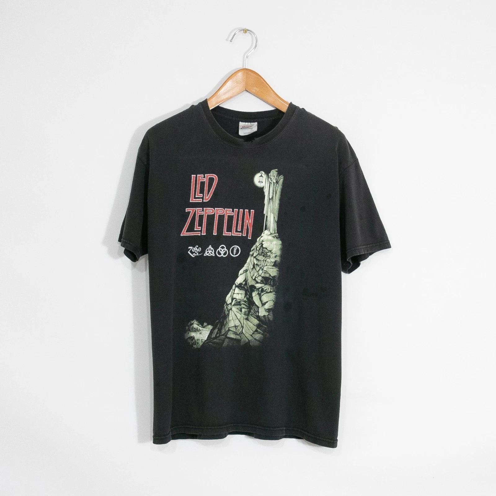 Винтажная футболка с обложкой Led Zeppelin IV в стиле Y2K Мужская L - Потертая футболка группы, выцветшая S