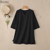 ZANZEA Women Casual V Collar 3/4 Sleeve Solid Color Loose Long Tunic Blouse