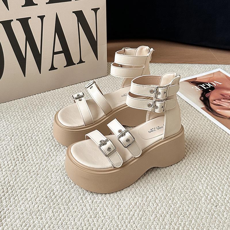 Fashion Women Platform Sandals French Retro Belt Buckle Open-toed Roman Sandal Women's Versatile Heightening Beach Shoes Sandalias Mujer