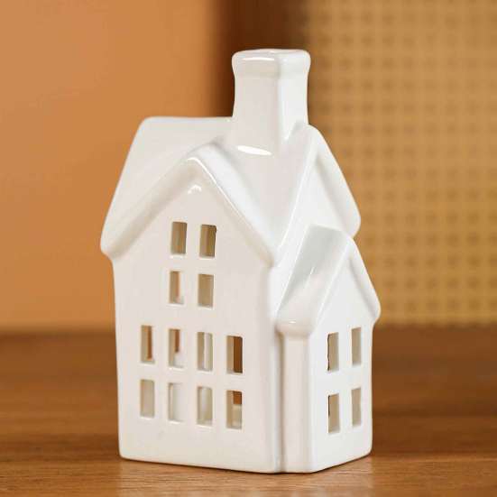 Ceramic House Decor Shape Candle Holder, White Hollow Tea Light Holder Durable Craft Gift Ornament, Artistic Miniature Figurine for Christmas
