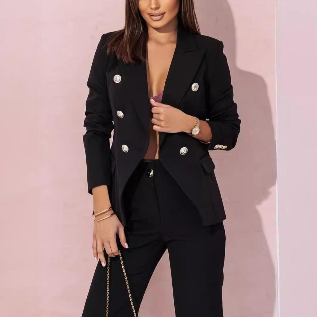 Dámský dvouřadý kancelářský oblek 2025, Profesionální blejzr s pohodlnými kalhotami, Business casual dvoudílný set pro dojíždění a pracovní oděv