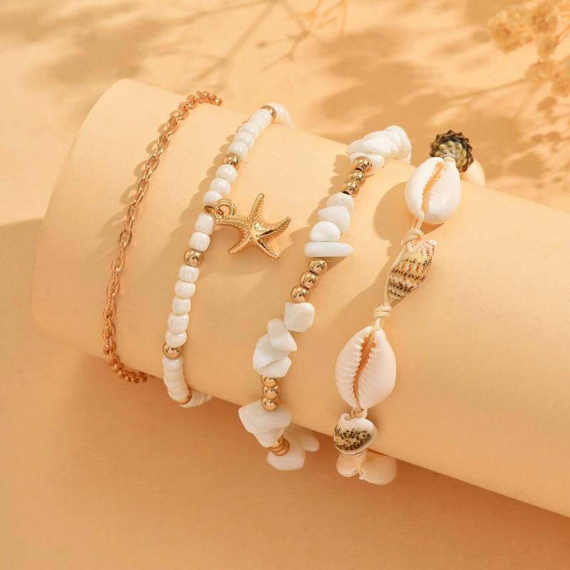 Boho Layered Starfish Pendant Bracelet Set Women With Shell Beads Beach Style Zinc Alloy Jewelry