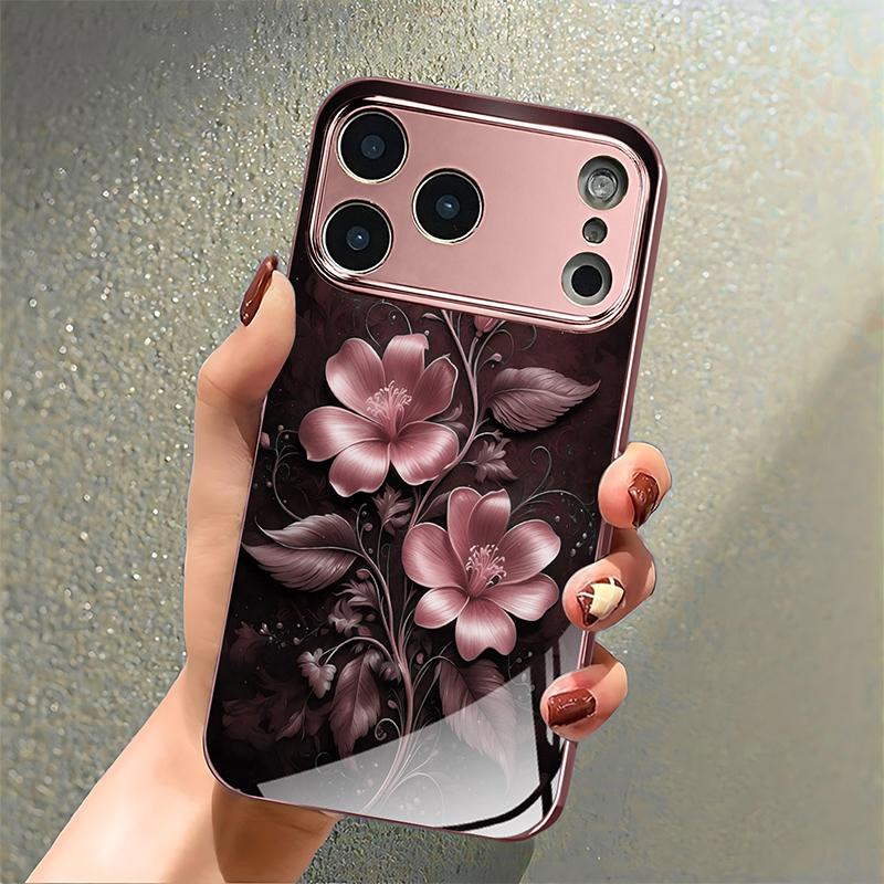 Pink Flowers Pattern Pink Metallic Tempered Glass Phone Case For iPhone 11 12 13 14 15 16 17 Pro Max 15 Plus 17 Air 16E Cover