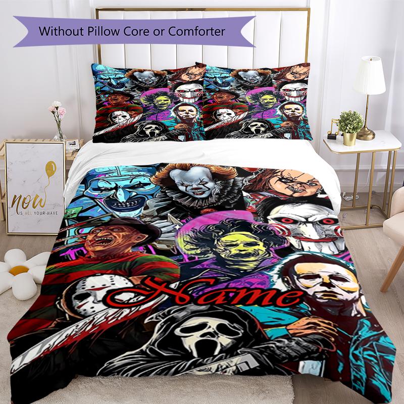 3pcs Custom Name Halloween horror Bedding Set Duvet Cover Closure Includes 1 Duvet Cover & 2 Pillowcases, Soft and Comfortable for All Seasons.