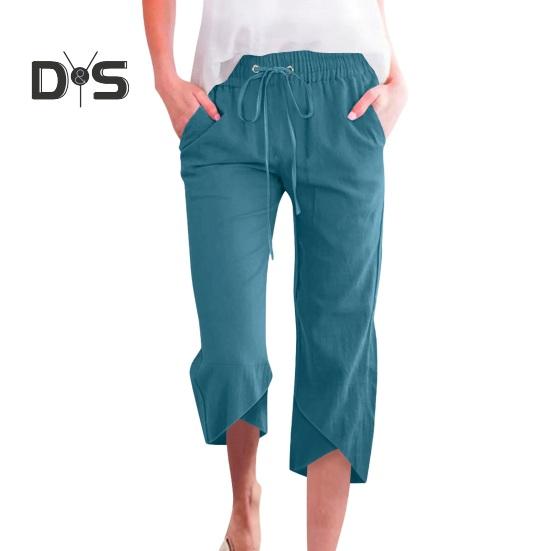 Damen Cropped-Hose, elastischer Kordelzug in der Taille, lässiges Design mit lockerem Bein, Freizeithose, einfarbig, lockere Passform, Hose mit mittlerer Wade