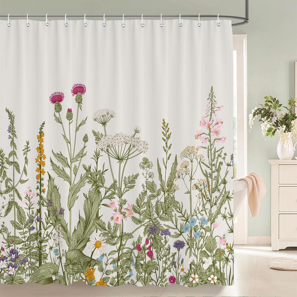 Nordic Style Flower Leaf Plant Printed Fabric Shower Curtains Floral Bath Screen Waterproof Products Bathroom Decor With Hooks