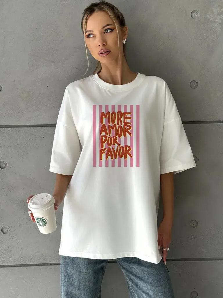 Thick Milky Oversized T-Shirt with More Amor Print