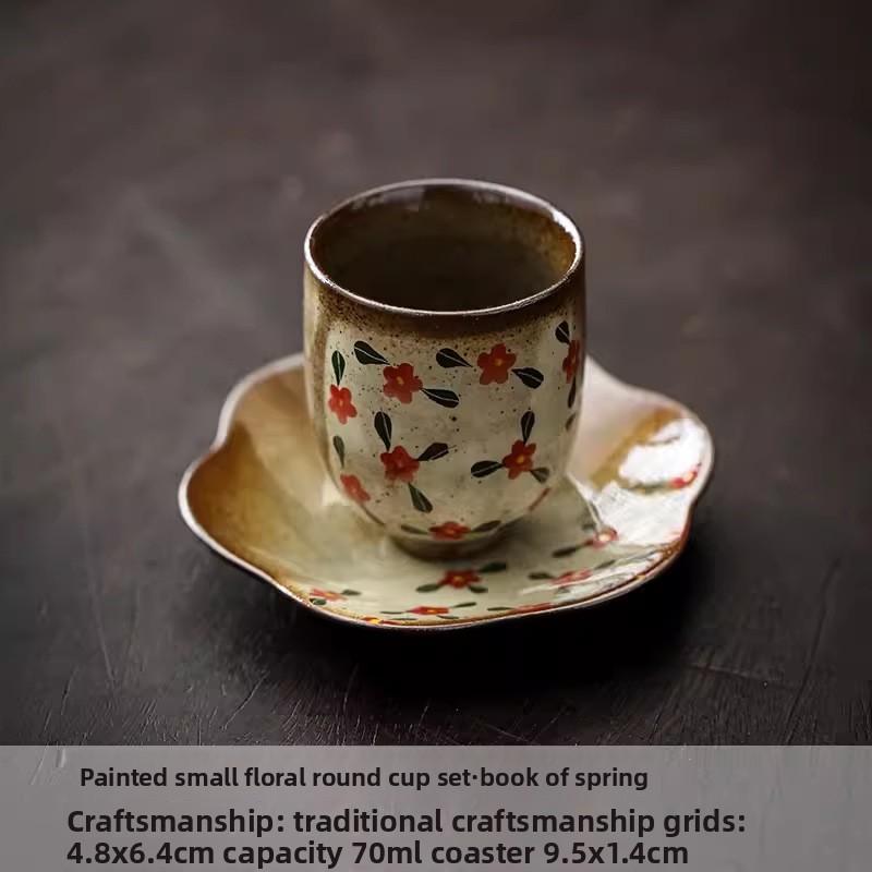 Hand Painted Floral Ceramic Tea Cup Set with Coaster Chinese Style Retro Tea Drinking Cup for Home Use