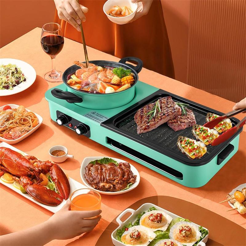 3 In 1 Korean Style BBQ Hot Pot Multi Cooker Machine Multifunctional Electric Grills Smokeless Non-Stick Electric Baking Pan