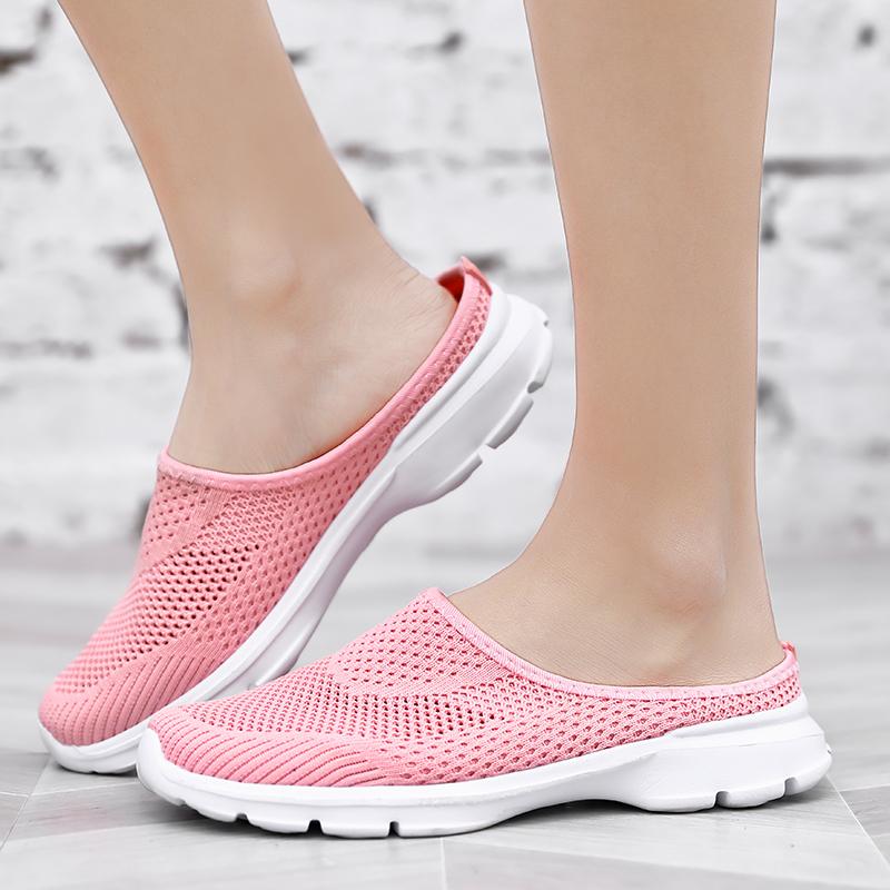 Unisex Slip-on Flats Round Toe Half Slippers Knitted Mesh Walking Shoes Lightweight Big Size 35-48 Leisure Shoes Anti-slip