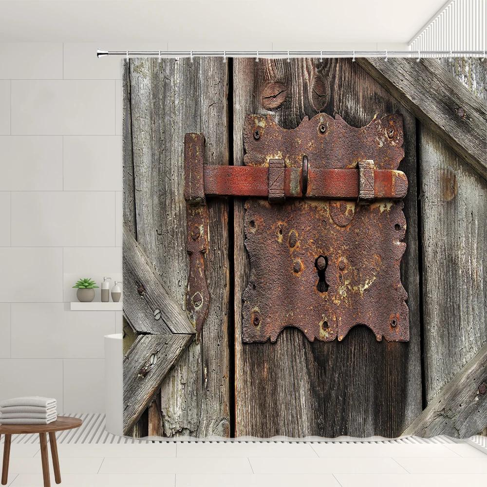 Retro Vintage Old Wooden Doors Shower Curtain Sets Western Barn Rusty Iron Lock Bamboo Bathroom Bathtub Decor Screens With Hooks
