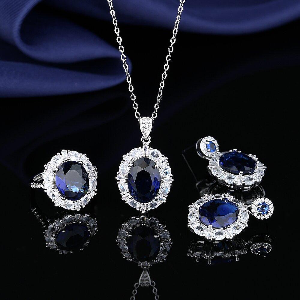 Blue Zircon Wedding Three-Piece Set Necklace Earrings Rings Bridal Jewelry Accessories Ring Size:Adjustable