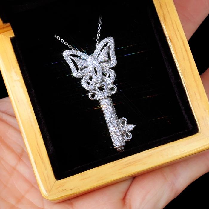 Silver Plated Butterfly Key Full CZ Pendant Necklace, Elegant Sparkling Cable Chain Necklace for Women