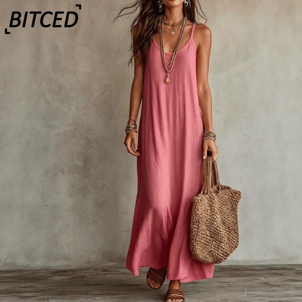 BITCED Fashion Summer Spring Solid Color Print Sleeveless U-Neck Casual Dresses