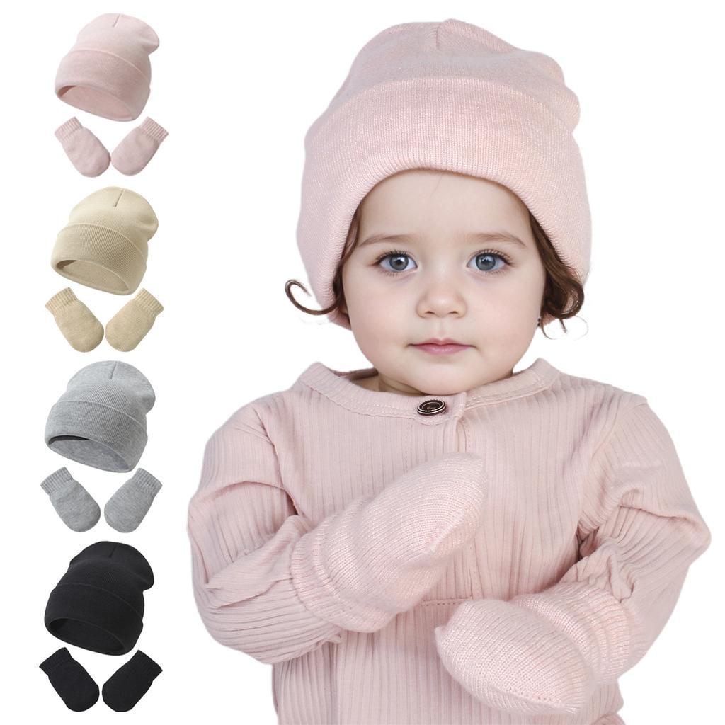 Baby Knitted Hat Glove Set Autumn and Winter Children's Solid Color Wool Pullover Hat