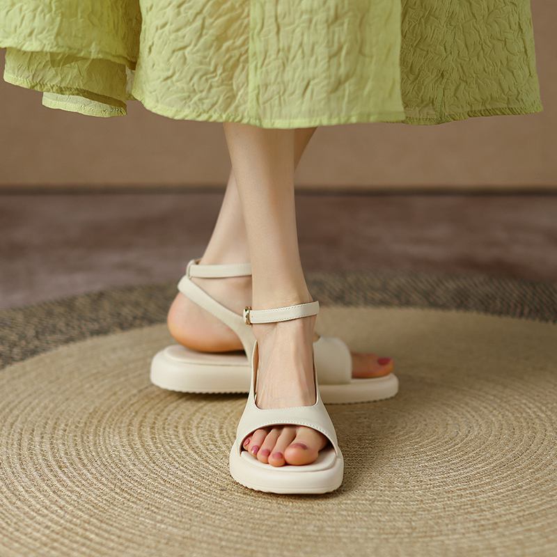 Krazing Pot Microfibră Peep Toe Tocuri joase Vară Platformă Plată Glezna Cataramă Femei Sandale de agrement