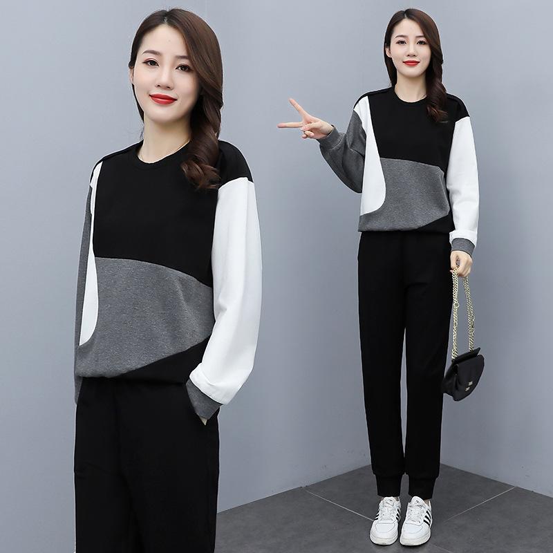 European Contrast Color Women's Velvet Sweatshirt and Trousers Set for Autumn/Winter