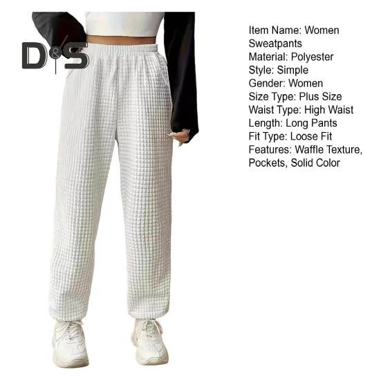 Women Long Pants Elastic High Waist Straight Wide Leg Casual Trousers with Pockets Solid Color Waffle Texture Sweatpants