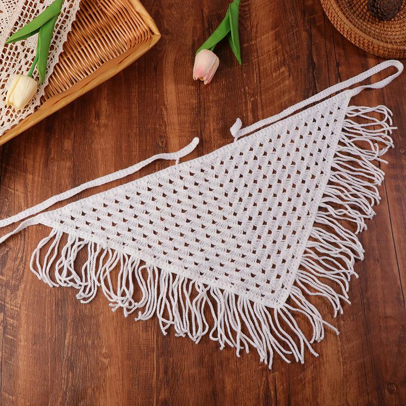 

Y2K Ажурный шарф-треугольник с бахромой для женщин Весенний регулируемый многослойный аксессуар Универсальная повязка на талию/бедра Бандана белый