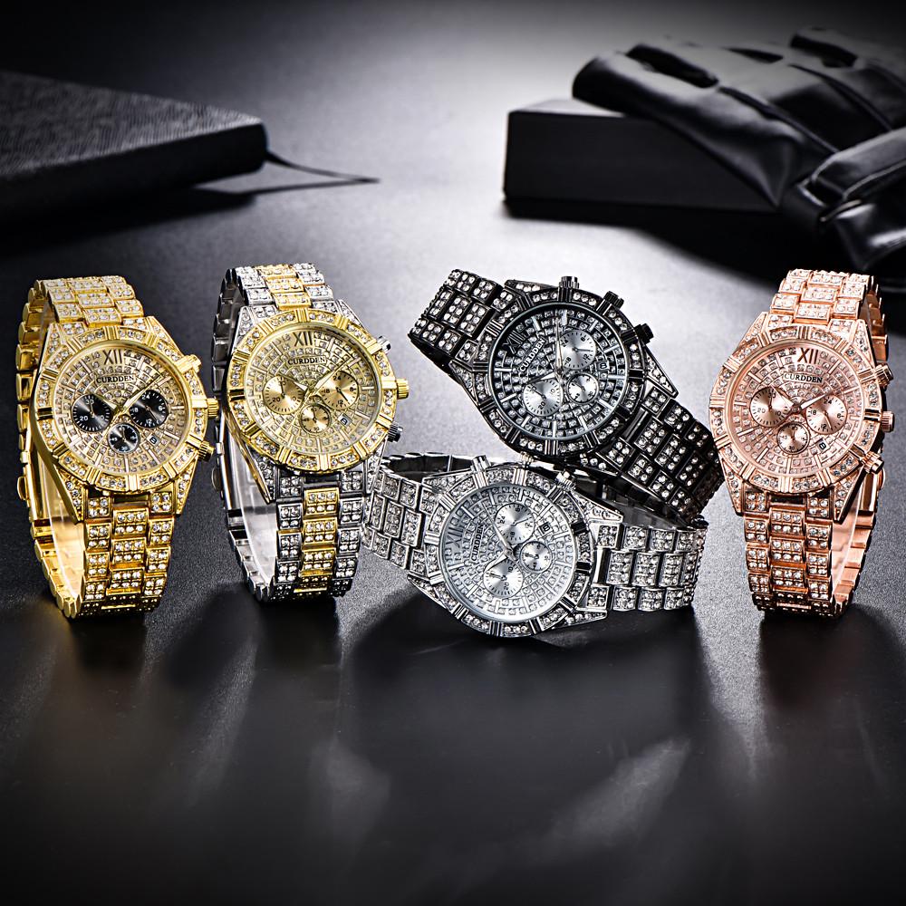 Full Rhinestone Men’s Watch Chic Geometric Steel Band Couple Watch Romantic Rose Gold Three Eye Calendar Quartz Wristwatch