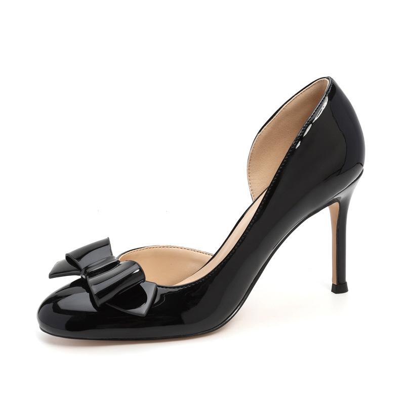 Patent Leather Nude High Heels: Round Toe with Bow, Side Cut, Shallow Mouth, Petite Fit for Women