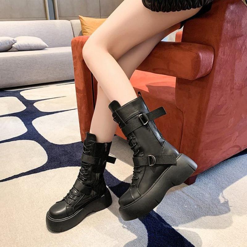 Fashion Round Toe Platform Women's Half High Boots on Promotion Trend 2025 Demi-season New Rock Goth Waterproof in Ladies Mid Calf Shoes