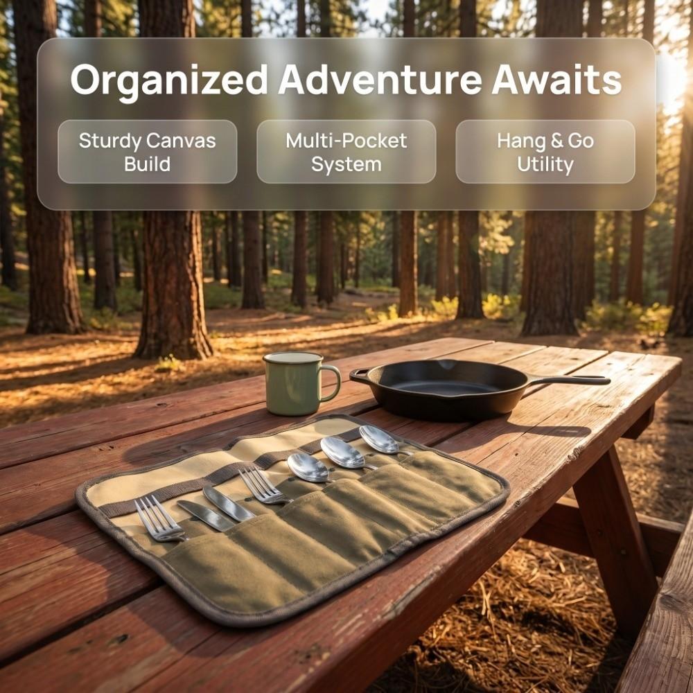 Canvas Cutlery Storage Bag Khaki Tableware Roll Bag Camping Organizer Bag  Outdoor BBQ