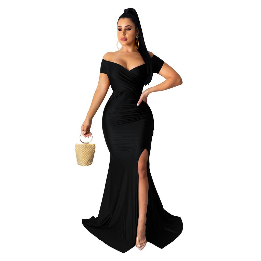 AL243 European and American Women's Sexy V-neck Evening Dress - High Slit, Solid Color, Short Sleeve for Spring/Summer