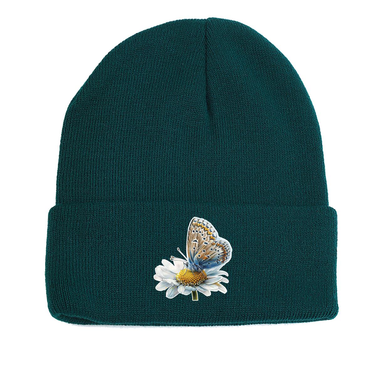 

Flower Butterfly Warm Knitted Hat Beanie, Insect Woman Cap Candy Color Lightweight Leisure Bobble Hat Knit Cap Beanie as the picture зелений