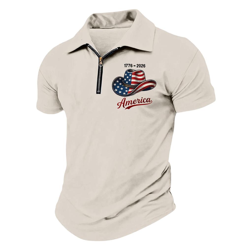 Men's Casual Loose Fit Polo Shirt with Flag and Lettering Print Half Zip Collar Short Sleeve Top for Everyday Wear