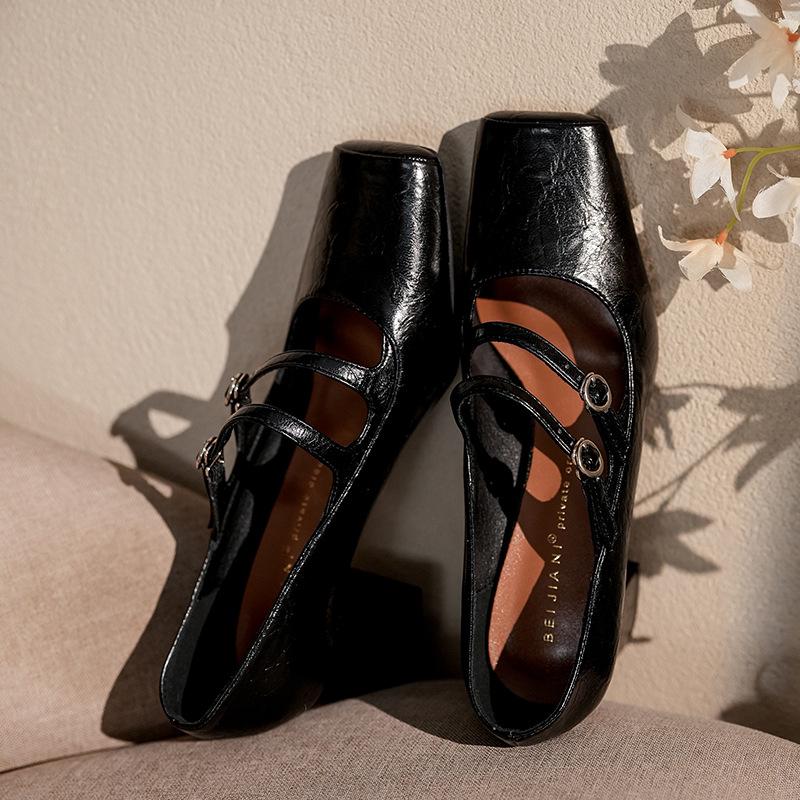 

Sheepskin Preppy Chunky High Heel Mary Janes – Women s Vintage Double T-Strap Square Toe Shoes for Spring/Autumn 38 чёрный