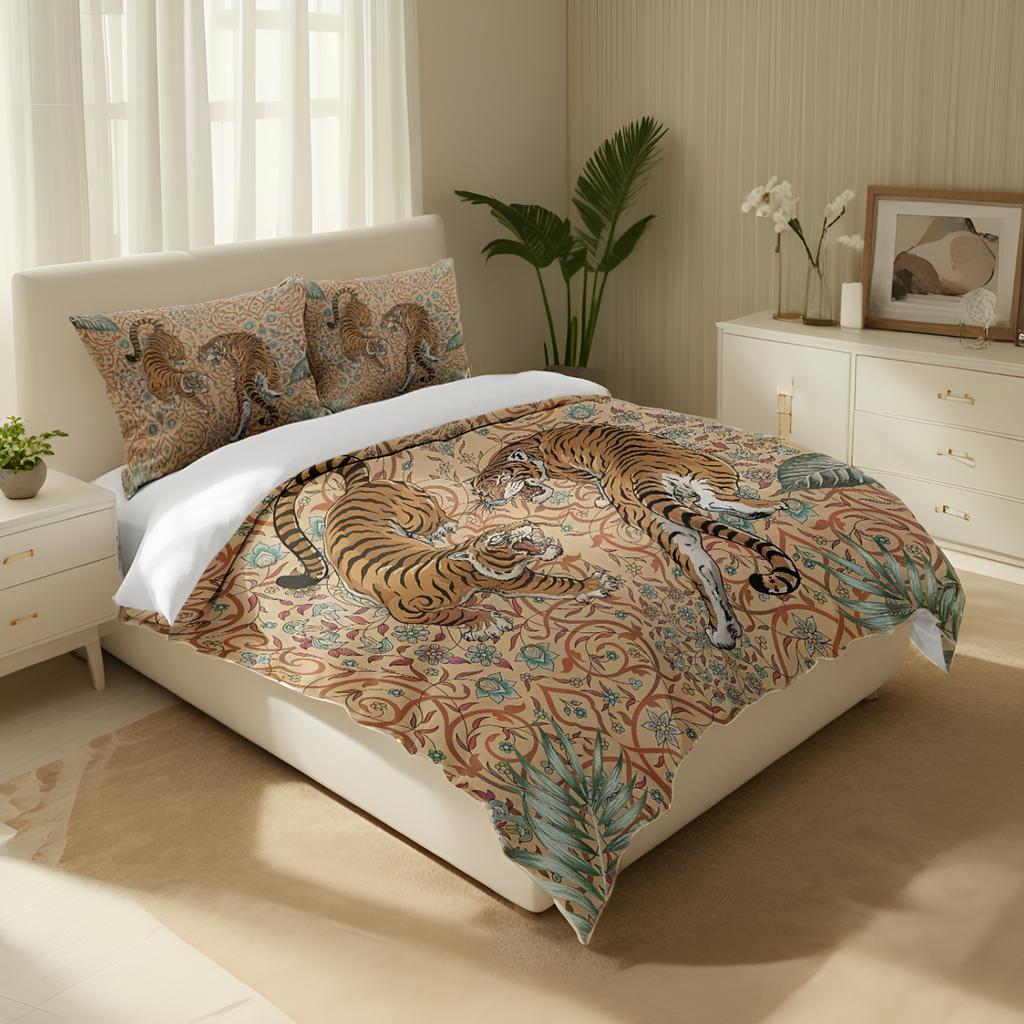 3Pcs Cool Tiger Bedding Set (1 Quilt Cover + 2 Pillowcases, No Core), Green Leaf Print Element Pattern Quilt Cover Bedding Set