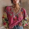 Top Blusa Casual da Donna con Scollo a V, Stampa Floreale Ricamata, Maniche Lunghe, Vestibilità Larga