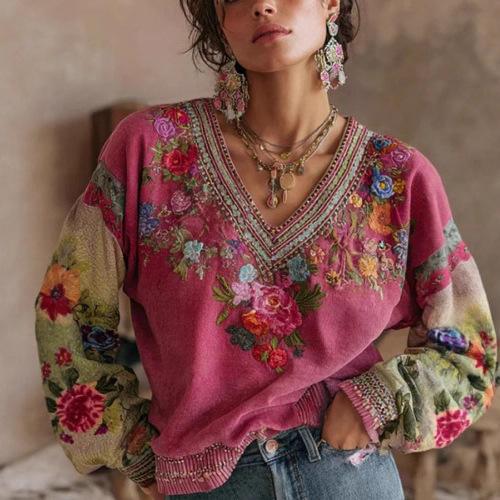 Top Blusa Casual da Donna con Scollo a V, Stampa Floreale Ricamata, Maniche Lunghe, Vestibilità Larga