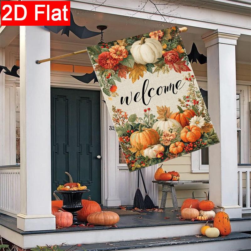 2D Flat, 2D Flat Thanksgiving Pumpkin Maple Leaf Flowers Welcome Autumn Garden Flag_1 (2)- Outdoor Garden Flag Double-sided Home Decoration Courtyard