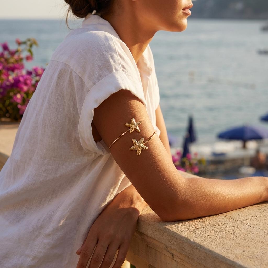 Minimalist Starfish Upper Arm Cuff Bracelet for Women Adjustable Open Bangle Summer Beach Party Jewelry