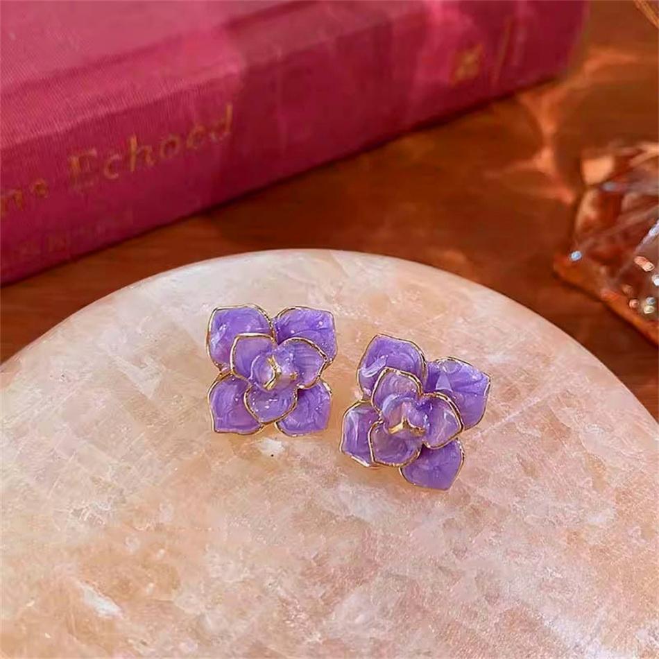 Glaze Purple Color Flower Stud Earring for Women French Retro Elegant Korean Sweet Ear Wedding Party Jewelry Gift