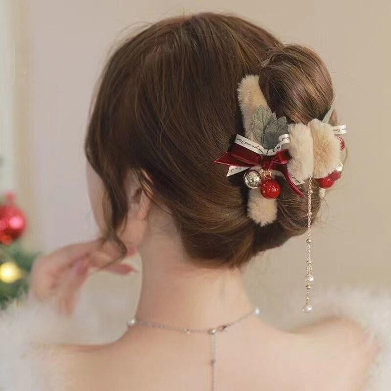 

Sweet & Chic Christmas Plush Bow Hair Clips With Faux Pearl Tassels Perfect For Daily Wear Holidays & Gifts хаки