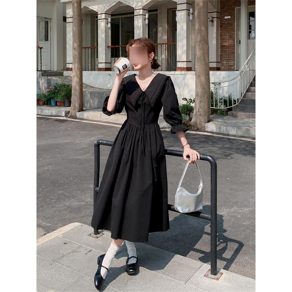 

Черное платье с V-образным вырезом, детские новые летние модели, платье макси с маленькой талией и тонким силуэтом, весенне-осенние модели XL- (recommended 110-60kg)