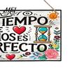 Entrance Wall Hanging Decor Spanish Religious Prayer Ornament with Rose Cross Flower, Inspirational Art Wooden Decorative Pendant for Living