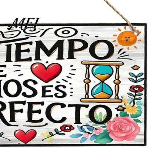 Entrance Wall Hanging Decor Spanish Religious Prayer Ornament with Rose Cross Flower, Inspirational Art Wooden Decorative Pendant for Living