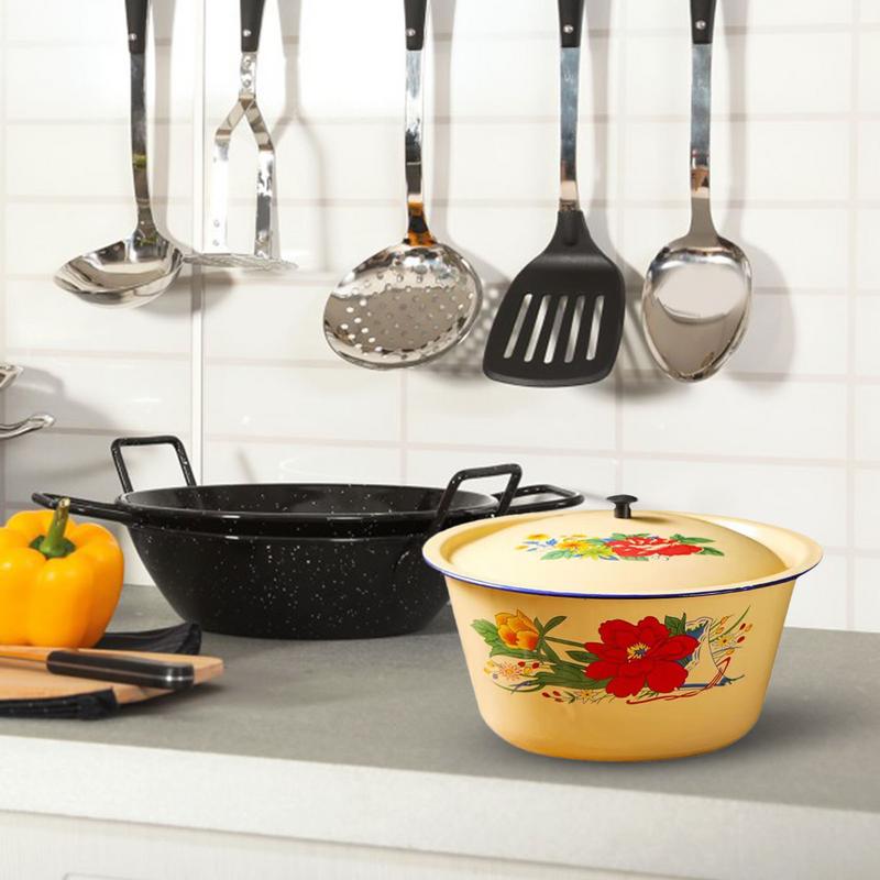 Bol de esmalte Clásico Vintage Recipientes de esmalte para pasteles con tapa Pequeño Multifuncional Cuenco de sopa de esmalte Bol para servir ensaladas Asiático