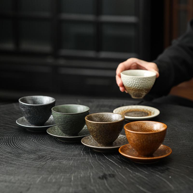 Handmade Jianzhan Coarse Pottery Teacup Set with Hammered Pattern - Retro Ceramic Kung Fu Tea Cup & Coaster