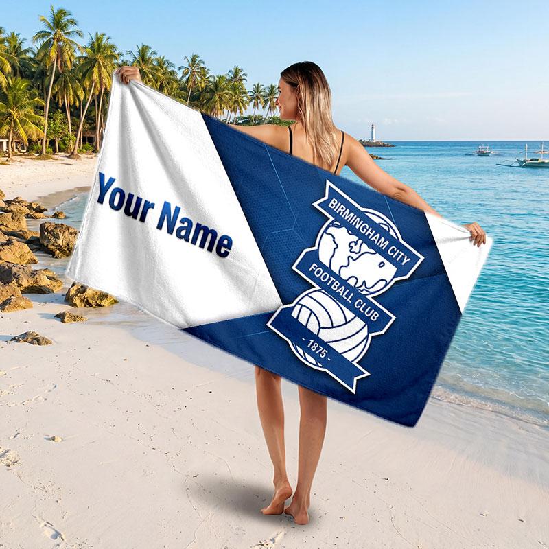 BIRMINGHAM CITY Benutzerdefiniertes Strandtuch, Personalisierter Name Text Druck, Fußball Logo Weiches Schnelltrocknendes Handtuch Urlaubsgeschenk