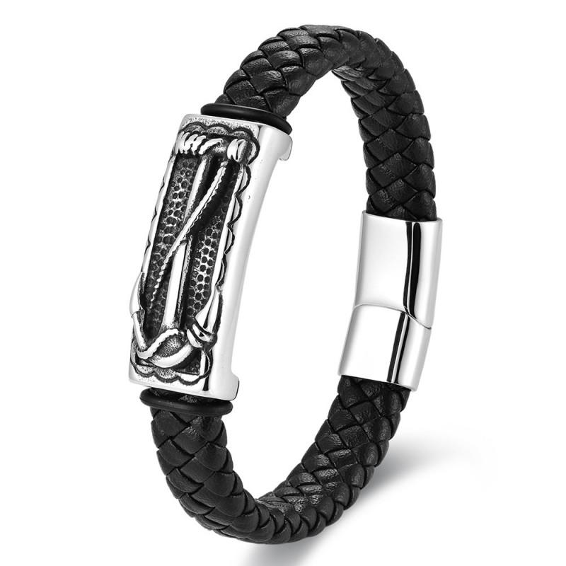 Mens Stainless Steel Braided Leather Bracelet With Magnetic Clasp Geometric Anchor Design INS Style
