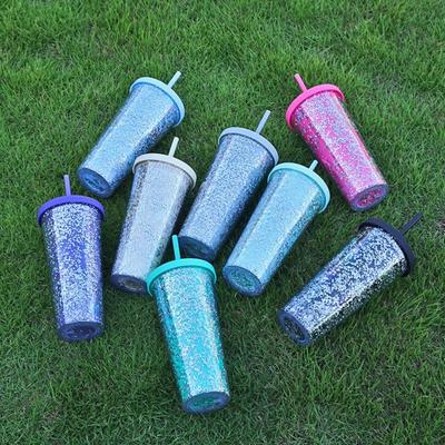 24OZ/710ml Wasserbecher mit Strohhalm Glitzer Doppelwand Wellenkante Gerade