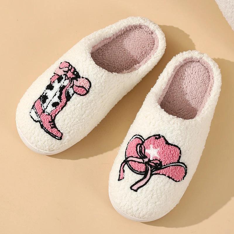 Fashion Cute Print Home Fluffy Slippers Women Closed Toe Warm Winter Cotton Slippers Woman Comfortable Soft Sole Plush Indoor Slides