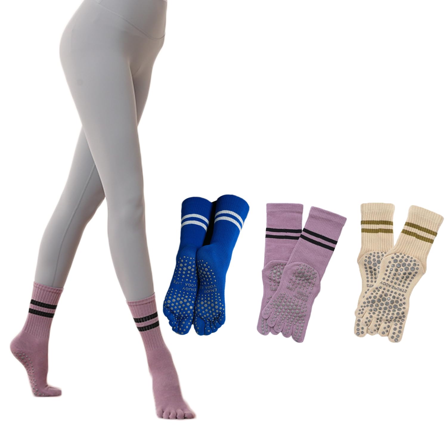 

Drawyume Set of Pilates Yoga Cotton Yoga Sports Pilates Long Suitable for All Available in 6 Colors and 3-Pair Socks, Five-Toe Socks, Non-Slip,
